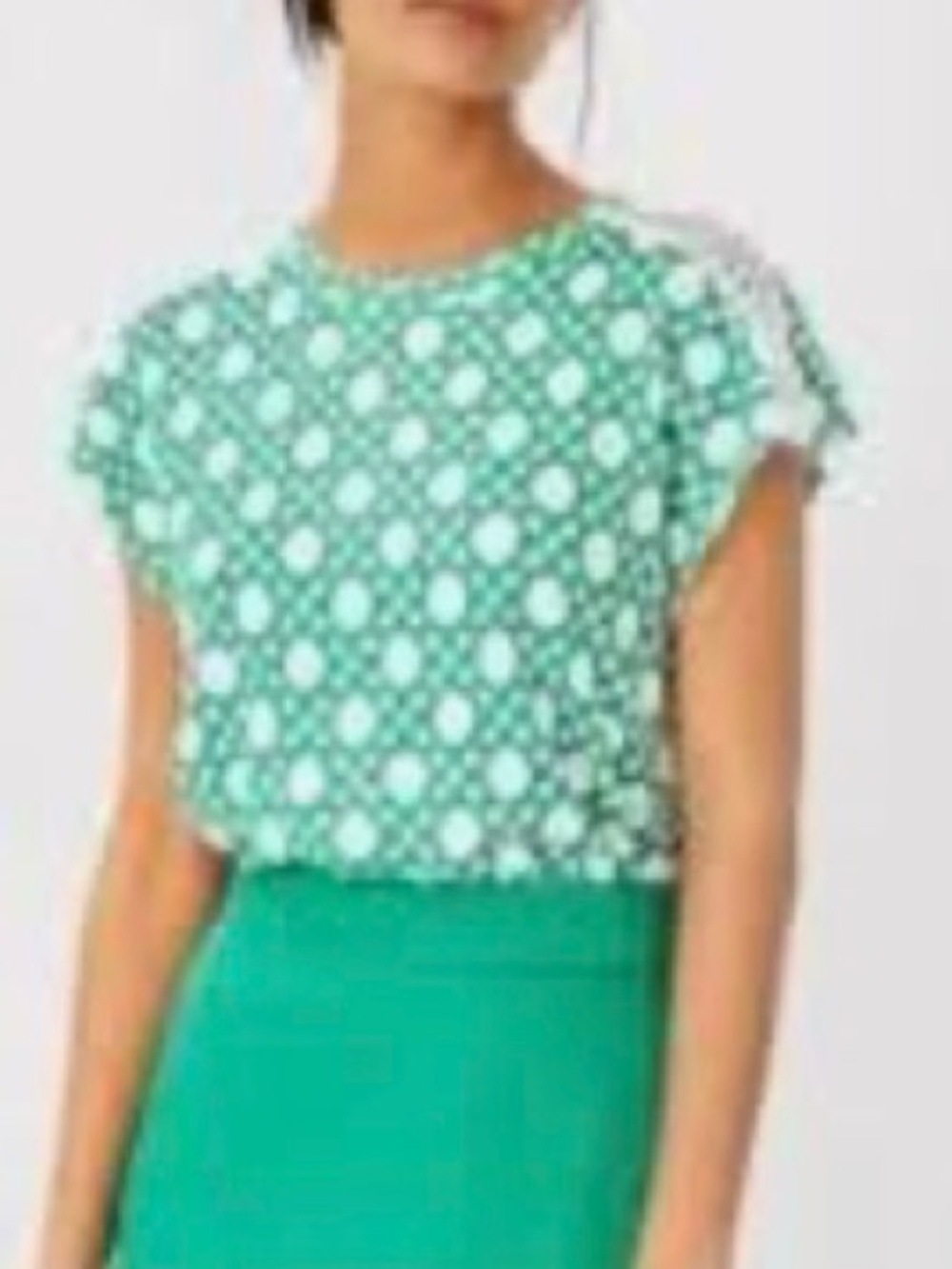 Ann Taylor geometric shape green top with lace accent size L brand new